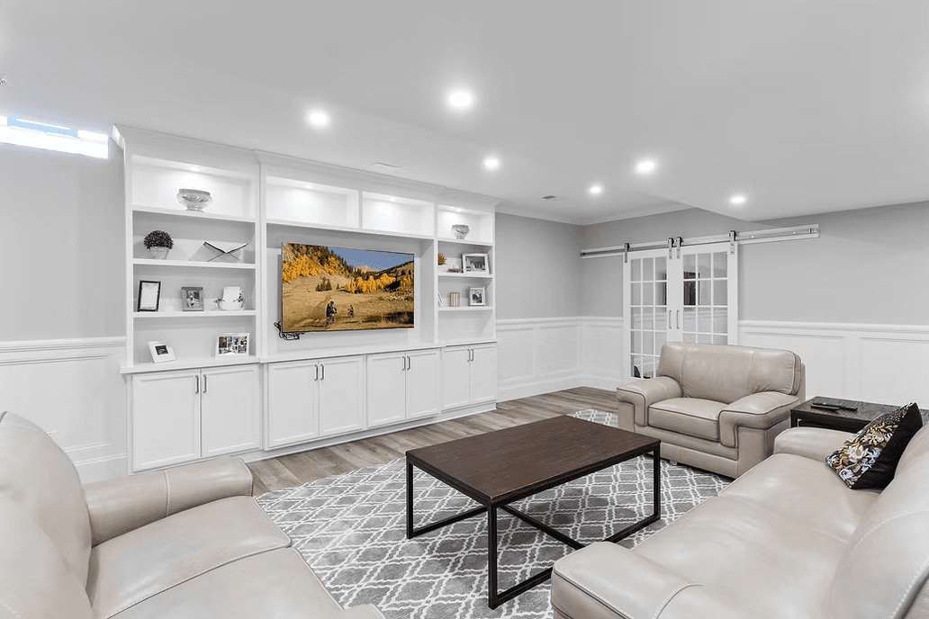 Modern living room with built-in entertainment center